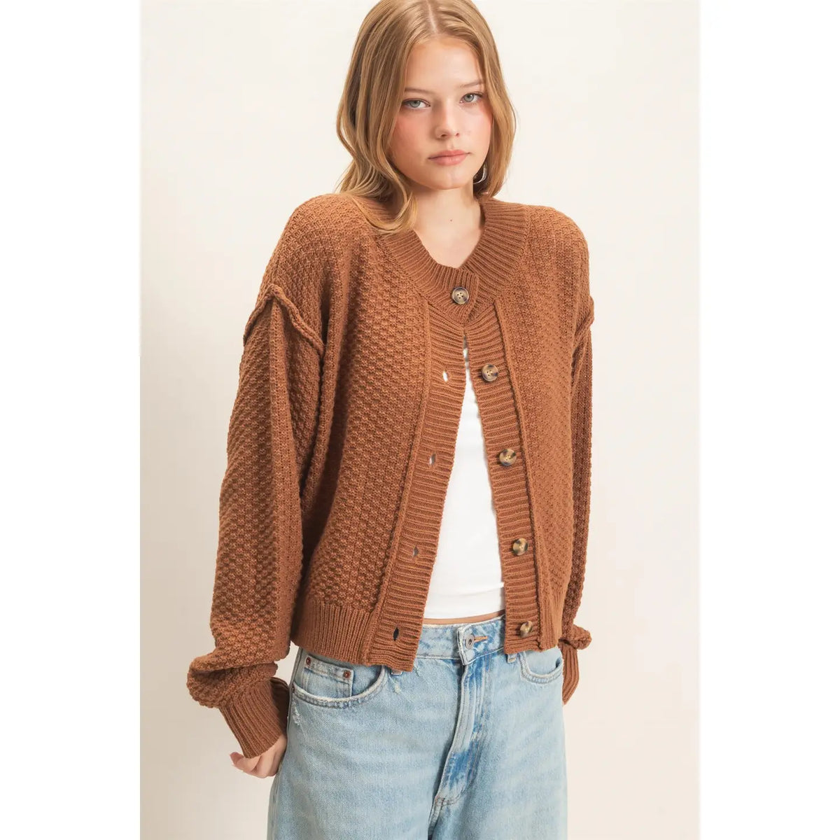 Textured Knit Front Button Cardigan