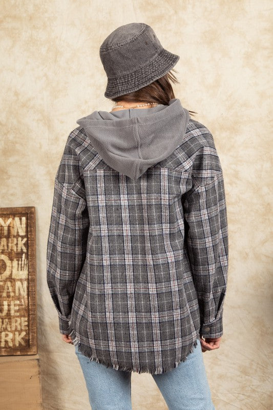 Hooded Plaid Jacket-Charcoal