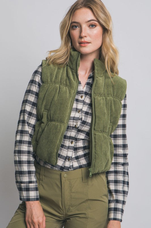 Corduroy Zip Up Puffer Vest