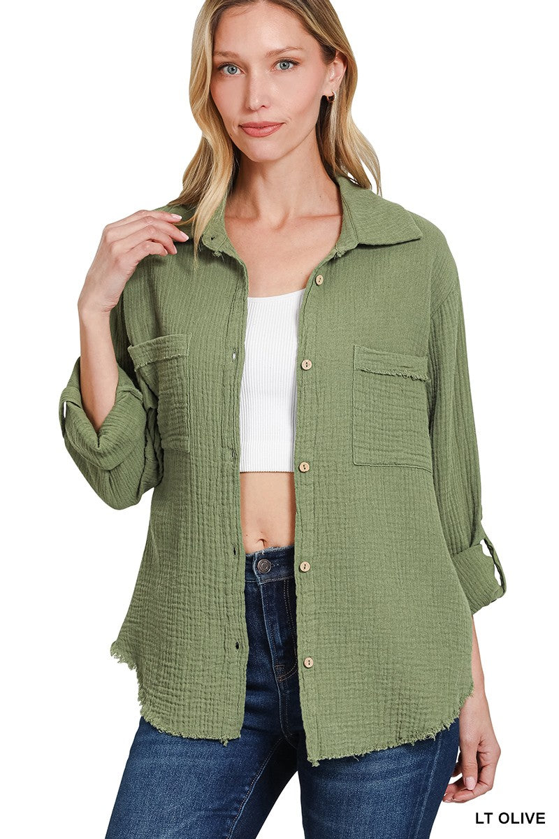 Olive Gauze Roll Up Sleeve Top