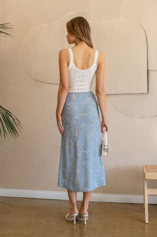 Blue Floral Button Down Midi Skirt