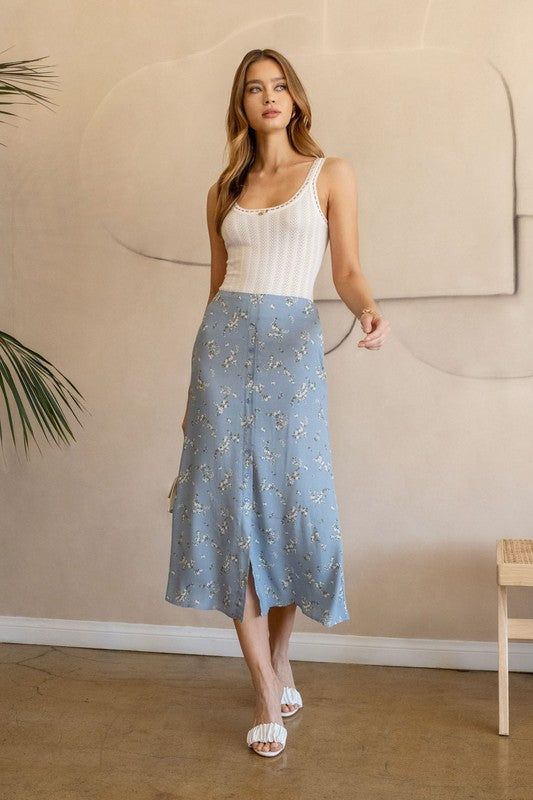Blue Floral Button Down Midi Skirt