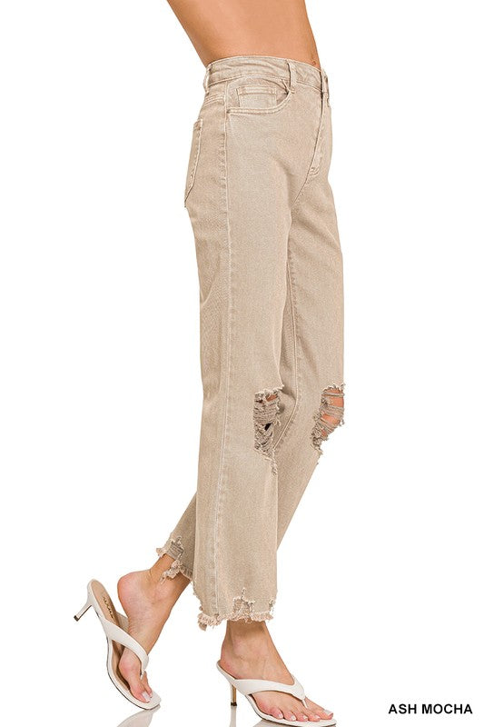 Washed Distressed Straight Denim-Ash Mocha