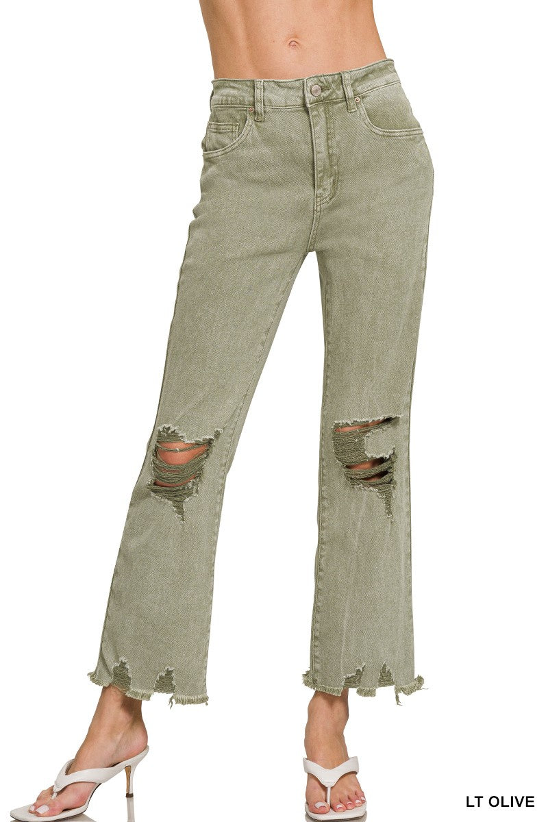 Washed Distressed Straight Denim-Olive