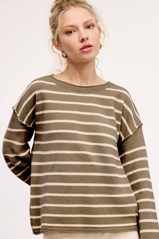 Striped Round Neck Sweater- Wheat