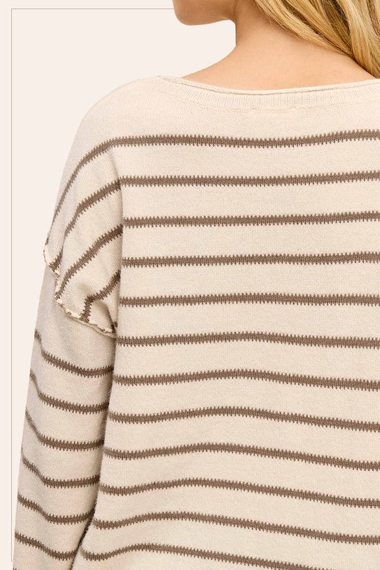 Striped Round Neck Sweater- Cappuccino