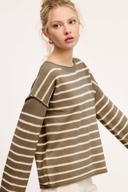 Striped Round Neck Sweater- Wheat