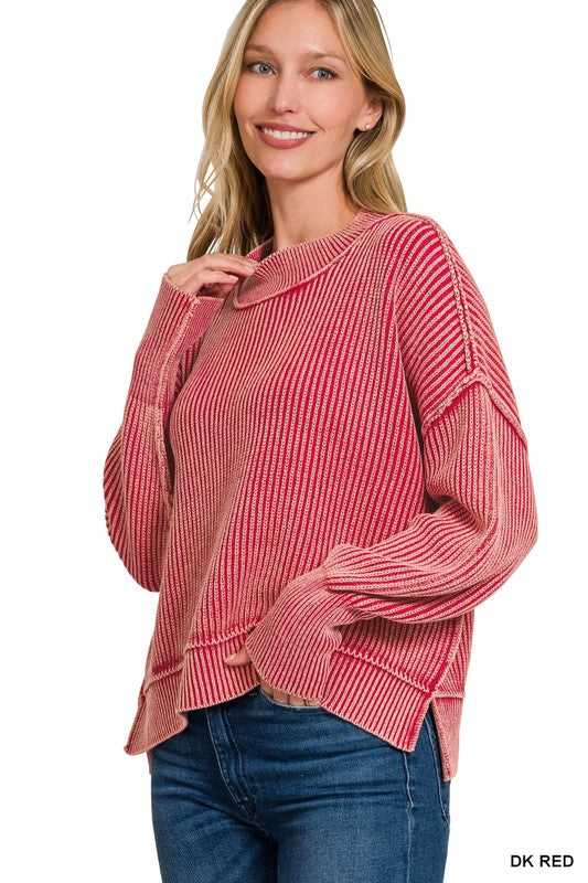 Washed Side Slit Sweater-Red