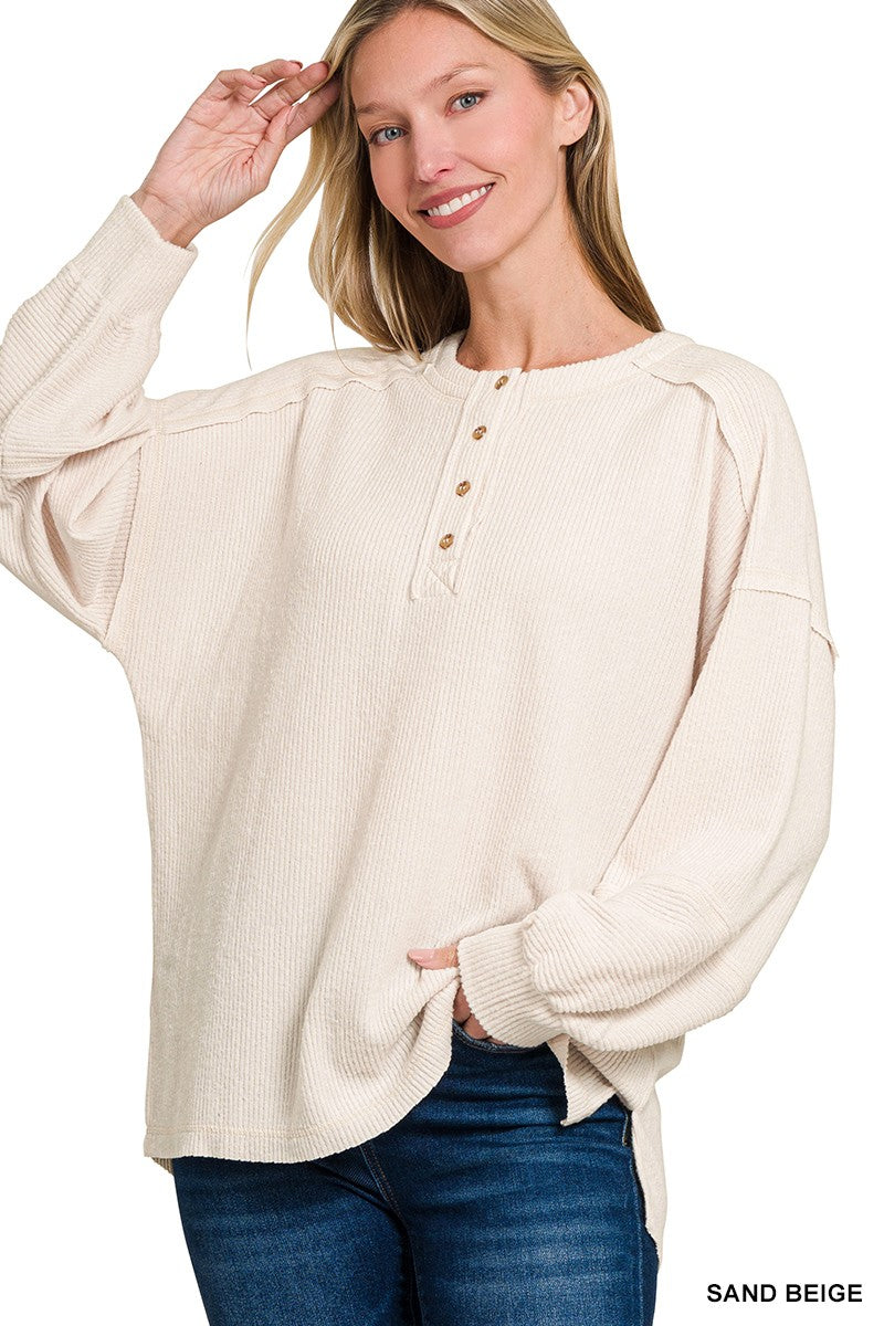 Brushed Button Up Henley Sweater-Sand Beige