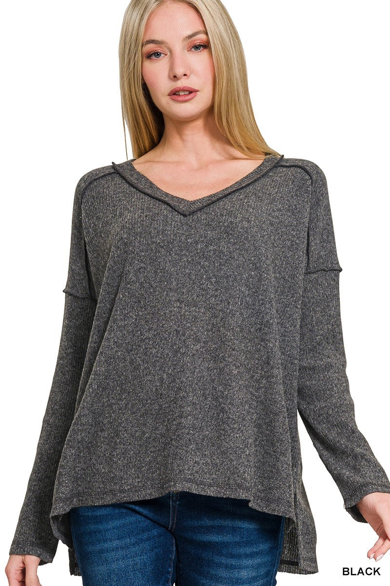 Black Ribbed V Neck Top