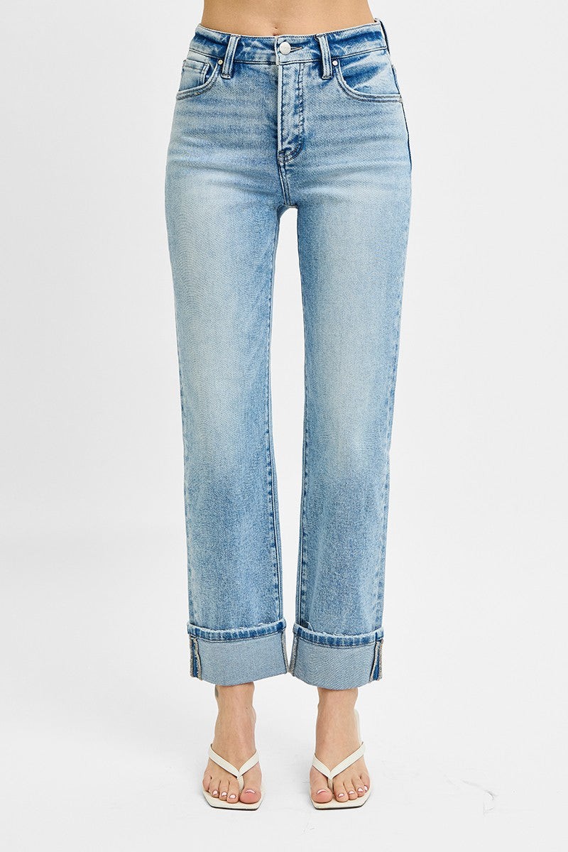 High Rise Straight Roll Up Risen Jeans