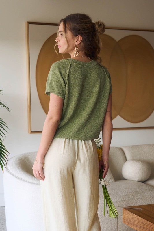 Exposed Seam Sweater Top-Olive