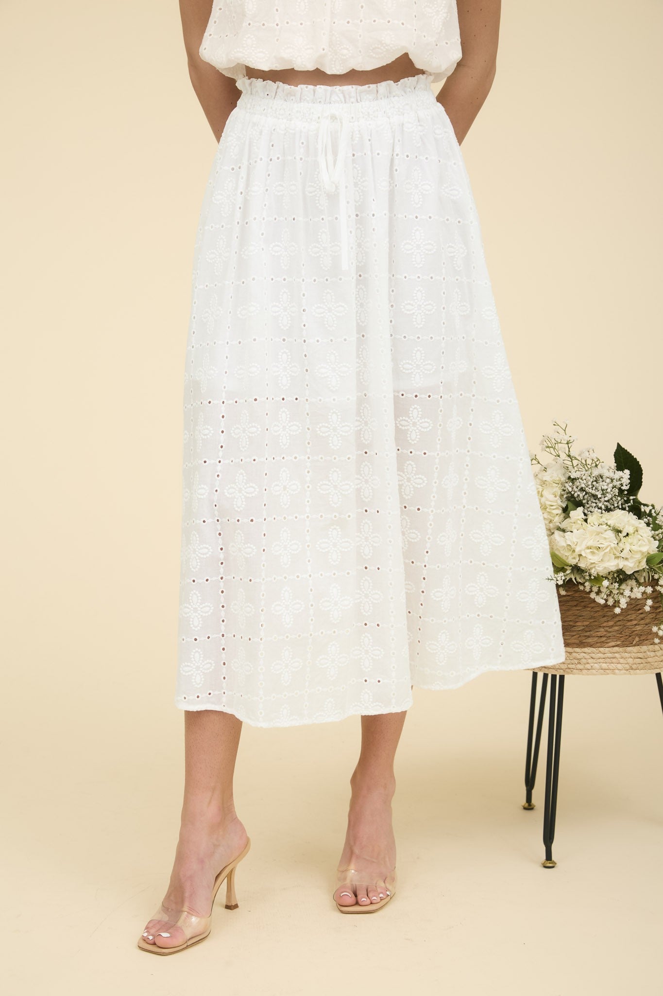 Eyelet Ruffle Detail Midi Skirt