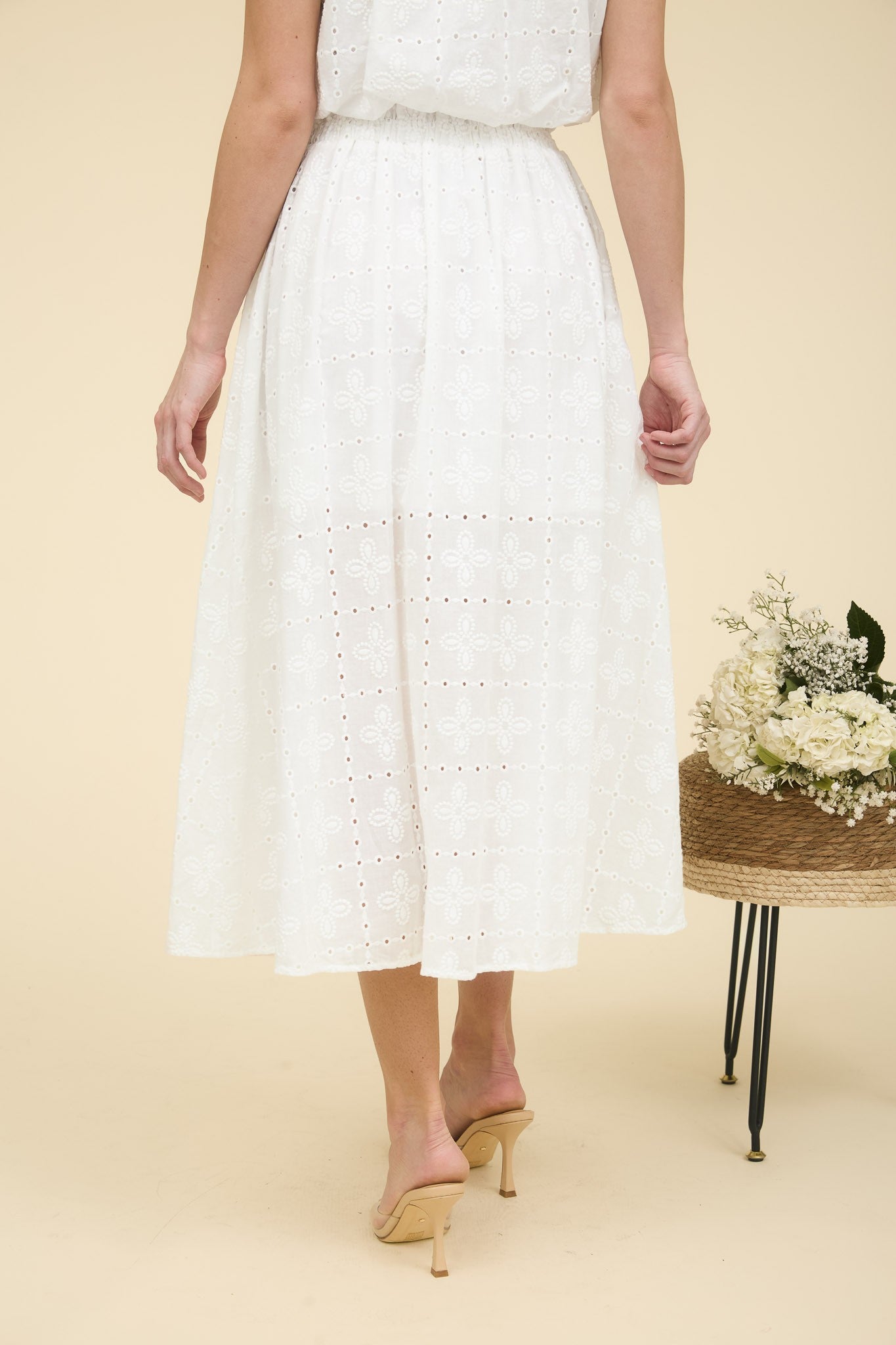 Eyelet Ruffle Detail Midi Skirt