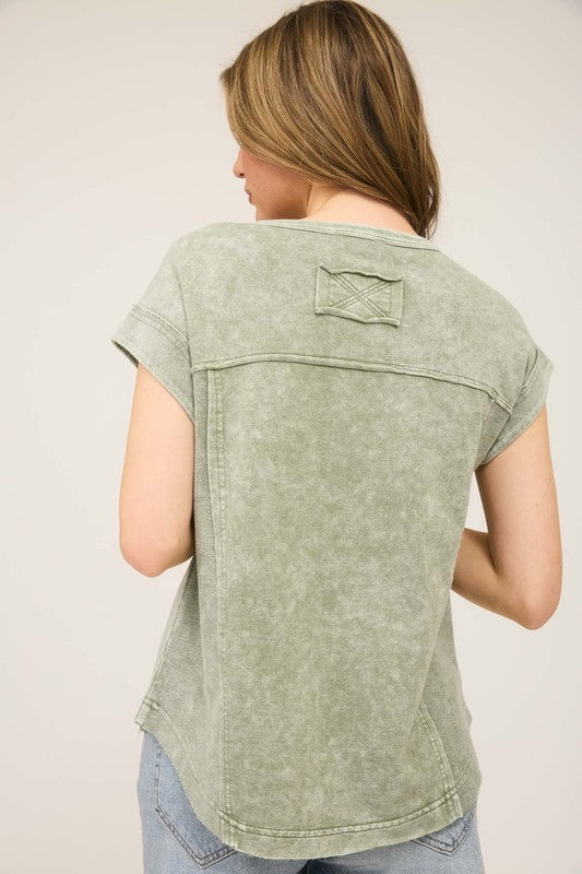 Short Sleeve Henley Top-Olive