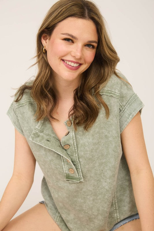 Short Sleeve Henley Top-Olive
