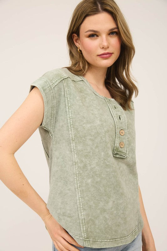 Short Sleeve Henley Top-Olive