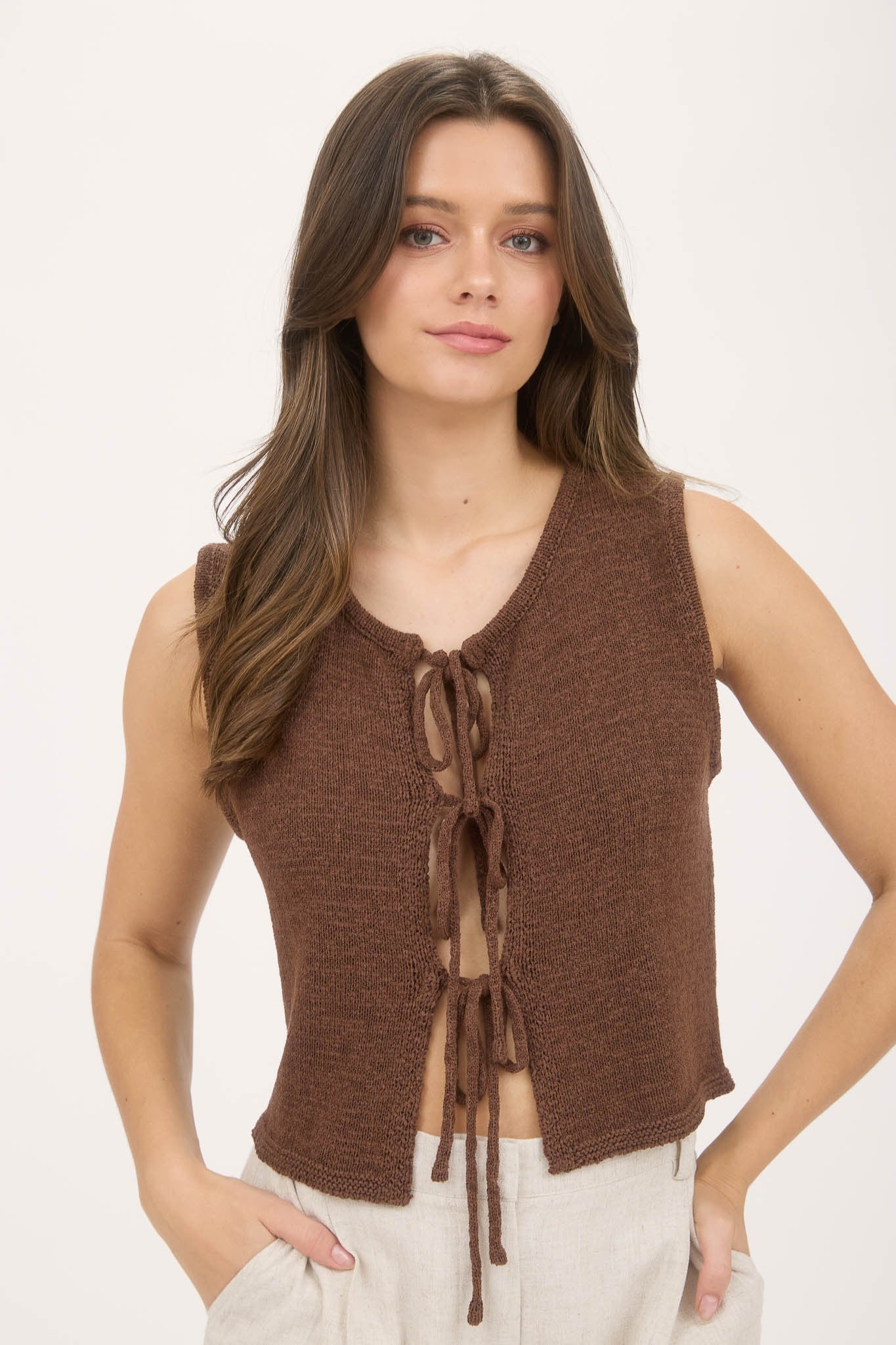Brown Front Tie Sweater Vest