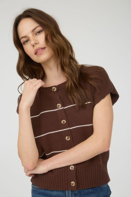 Stripe Button Short Sleeve Cardigan