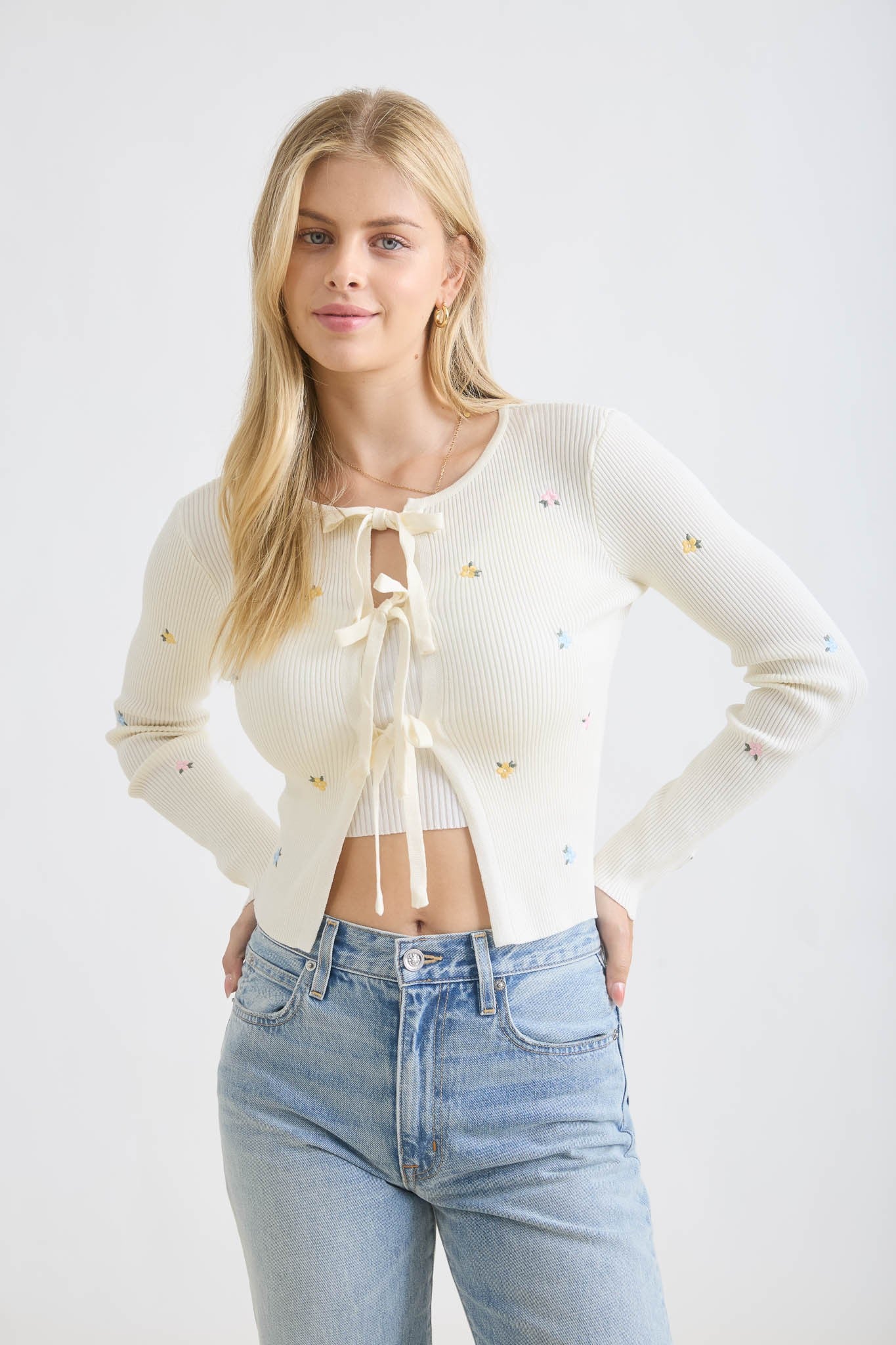 Floral Embroidered Front Tie Cardigan