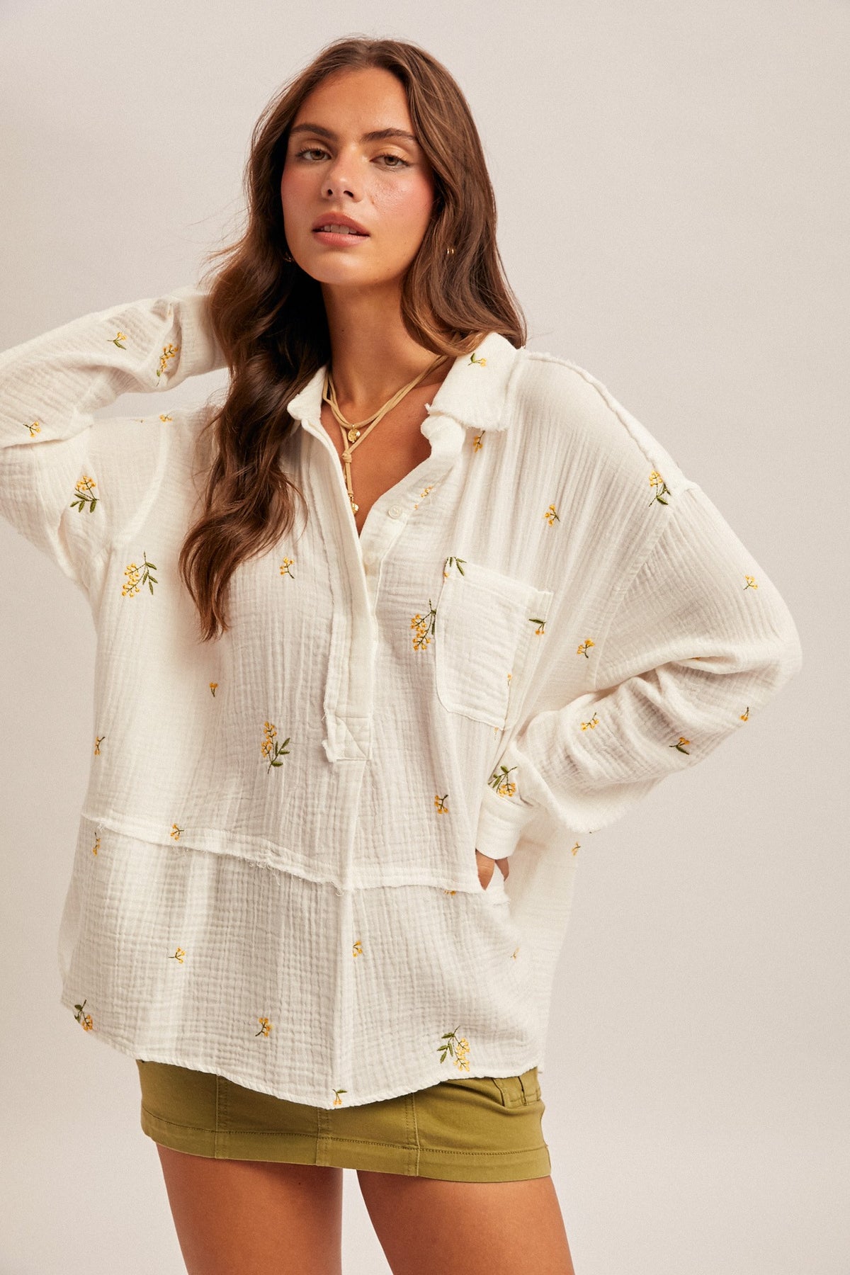 Embroidered Gauze Oversized Shirt