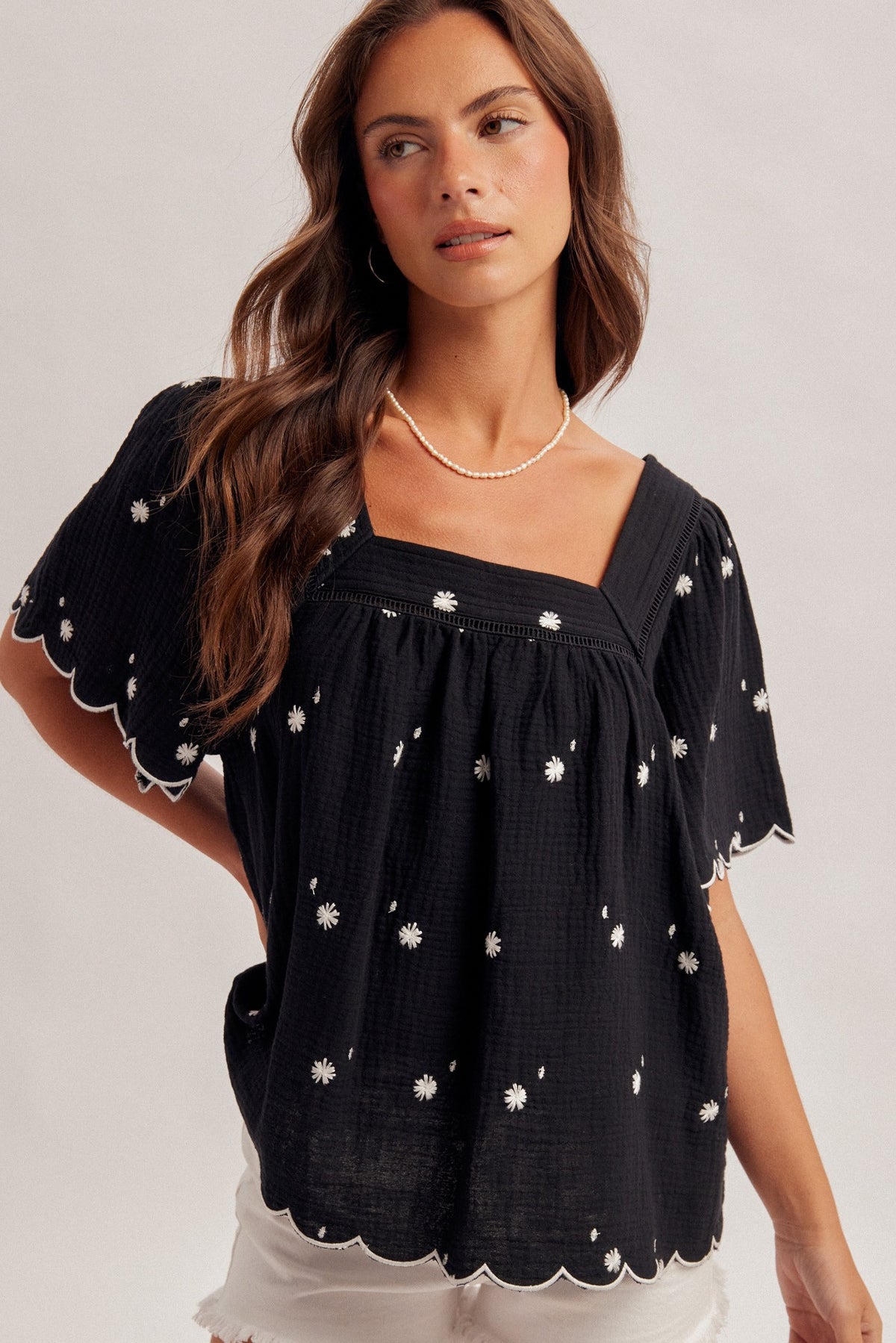 Daisy Embroidered Square Neck Top
