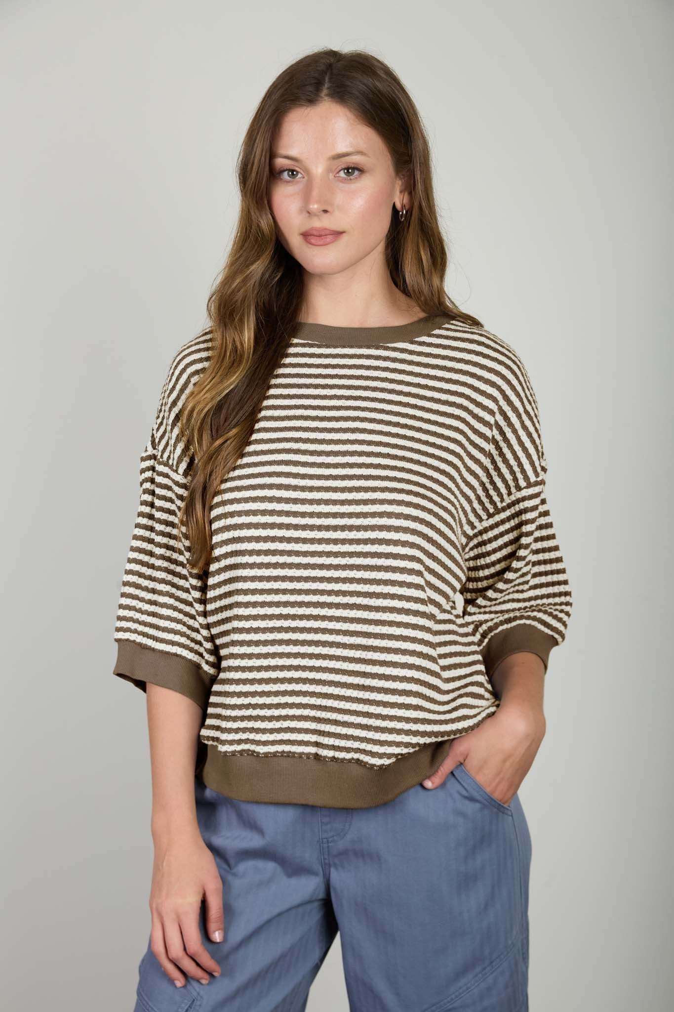 Textured Stripe Drop Shoulder Top