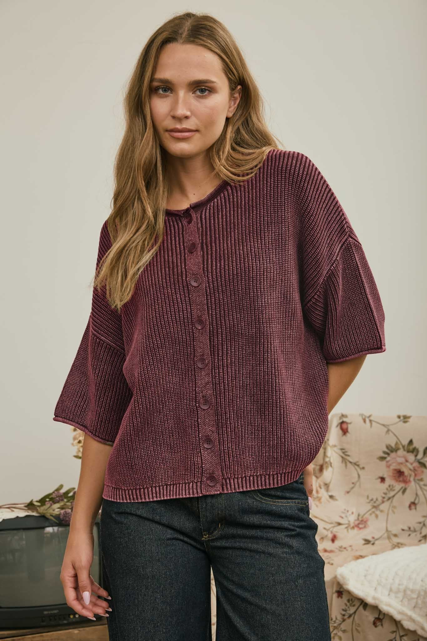 Washed Ribbed Rolled Edge Cardigan