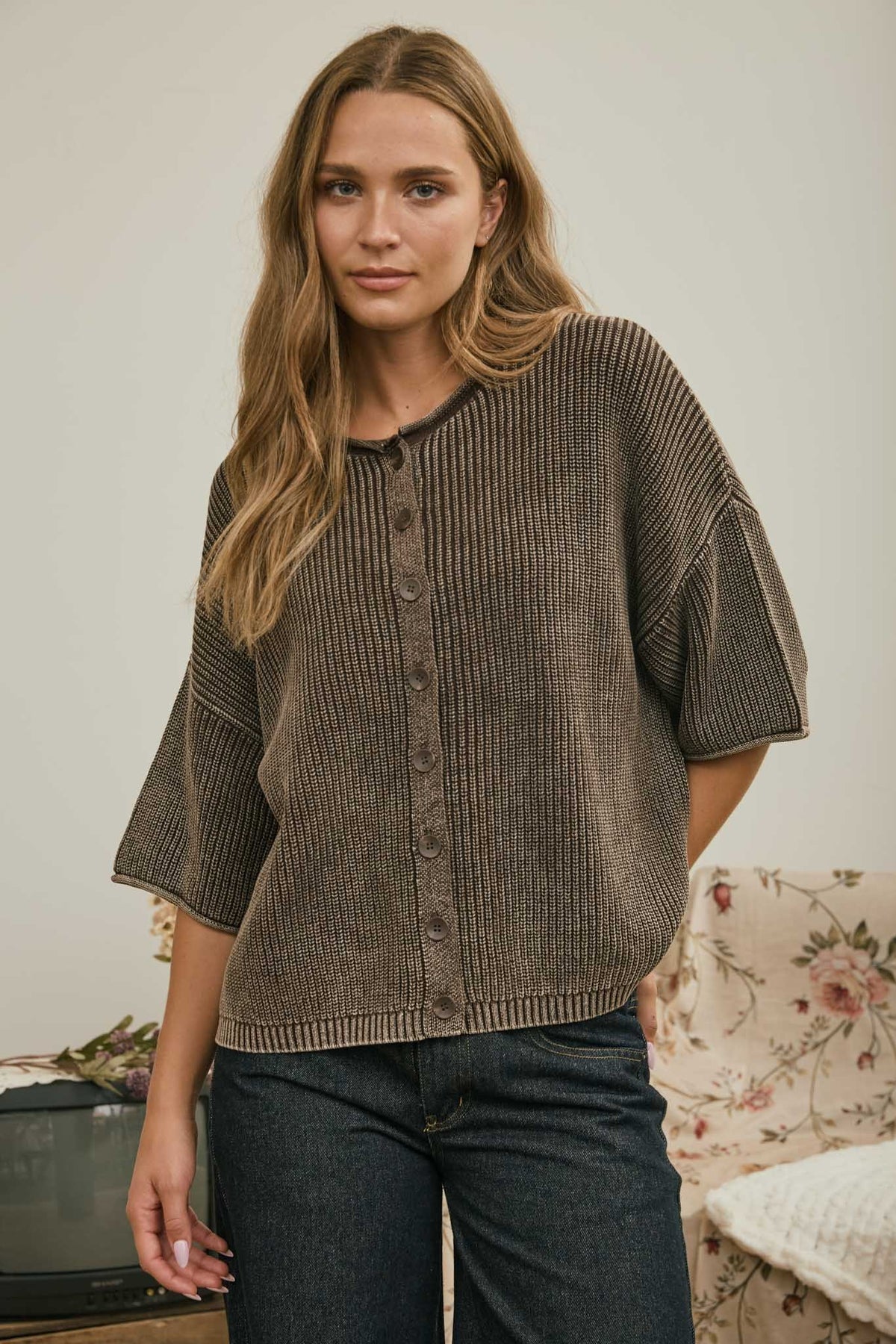 Washed Ribbed Rolled Edge Cardigan