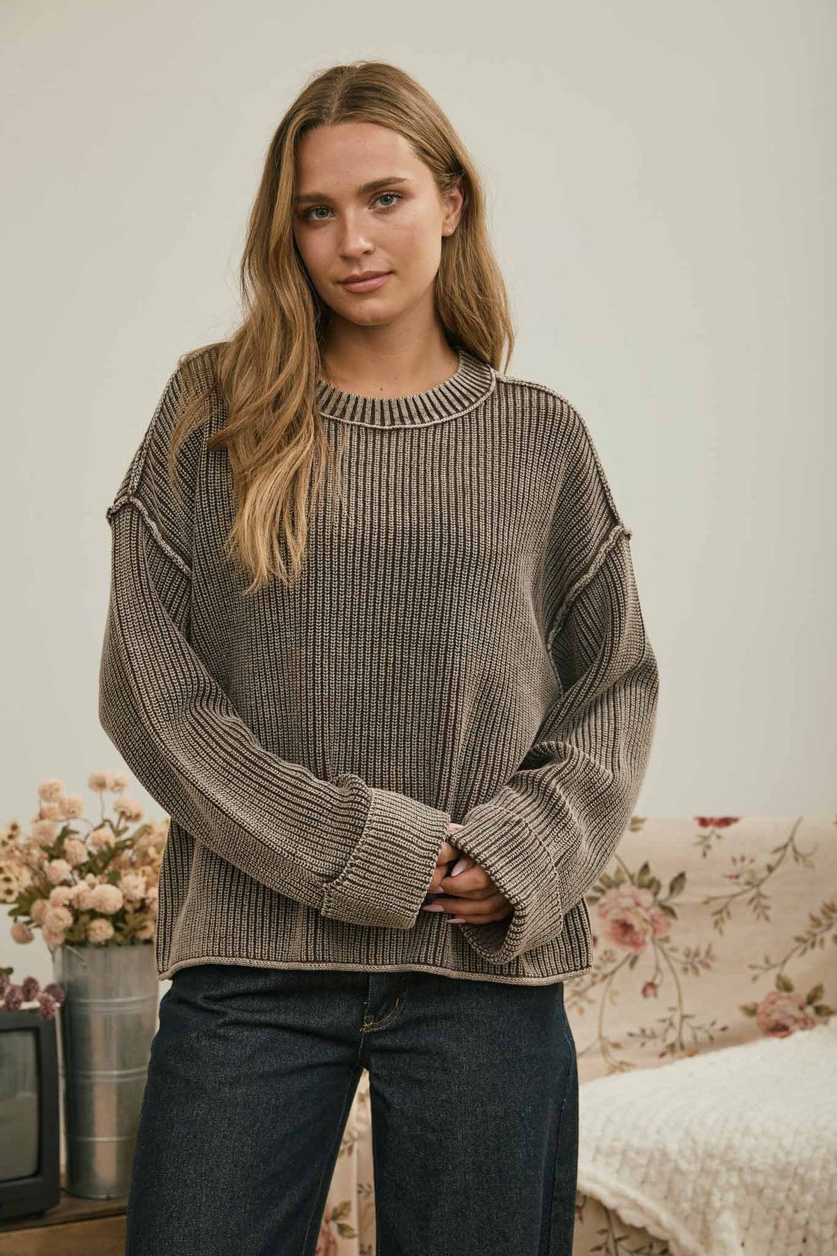 Washed Ribbed Cuff Sweater