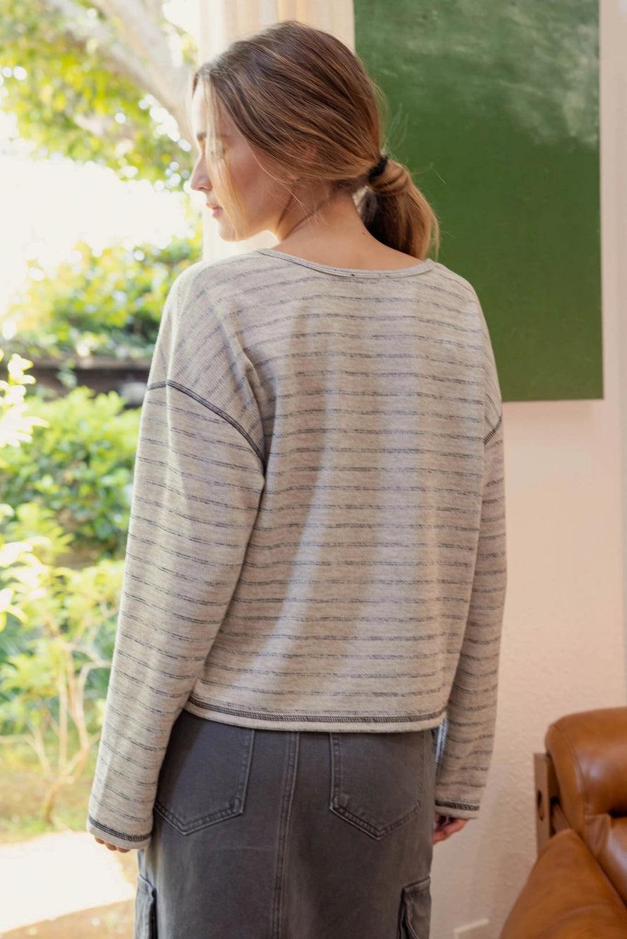 Split Neck Stripe Long Sleeve Top-Mocha