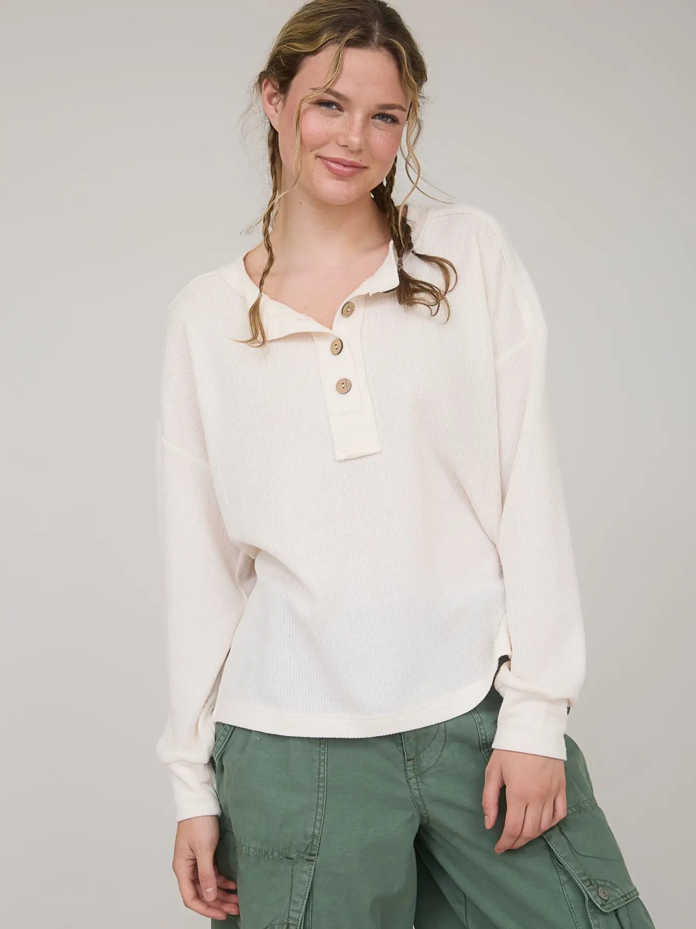 Ribbed Henley Long Sleeve Top