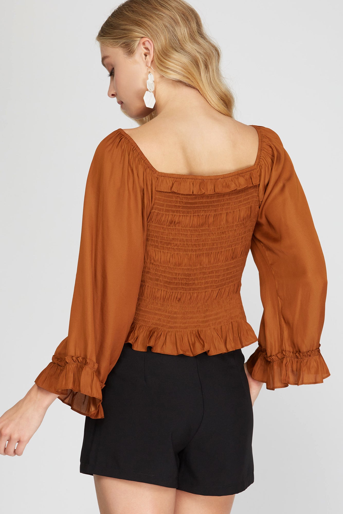 Caramel Bell Sleeve Satin Smocked Top