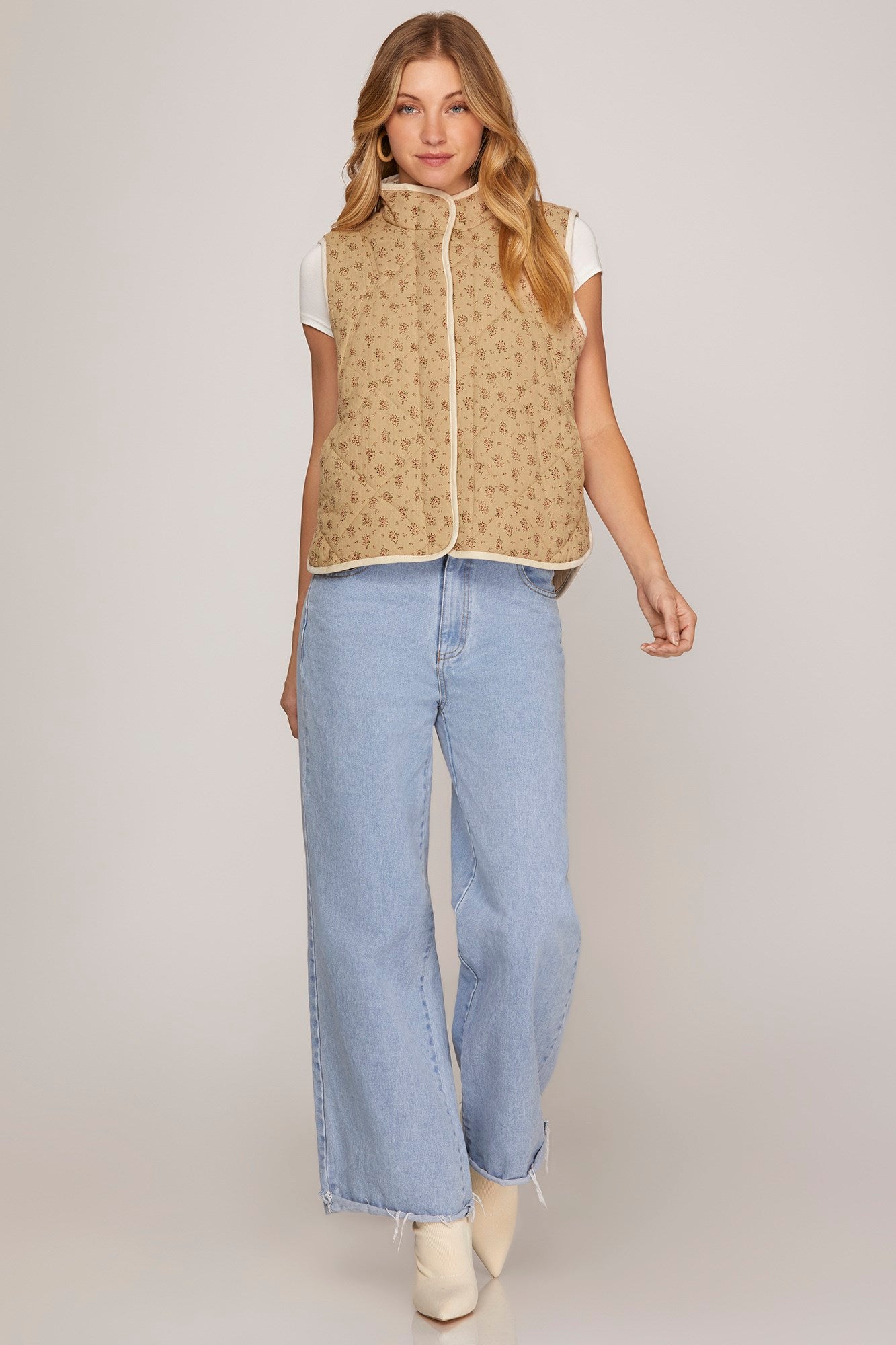 Floral Quilted Vest-Taupe