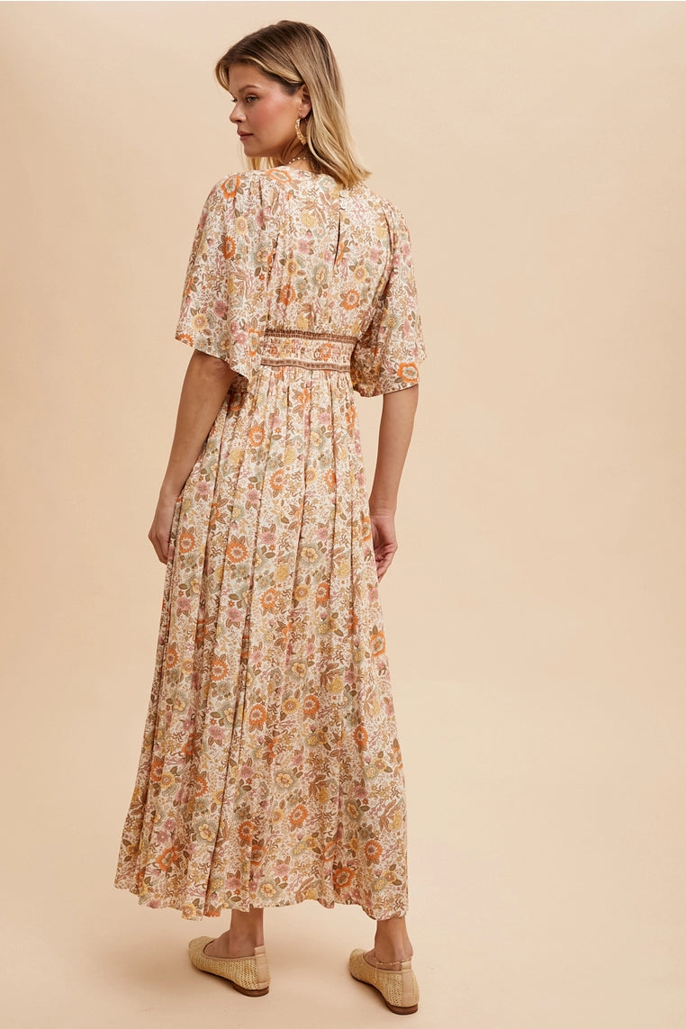 Boarder Print Flutter Sleeve Maxi-Cream