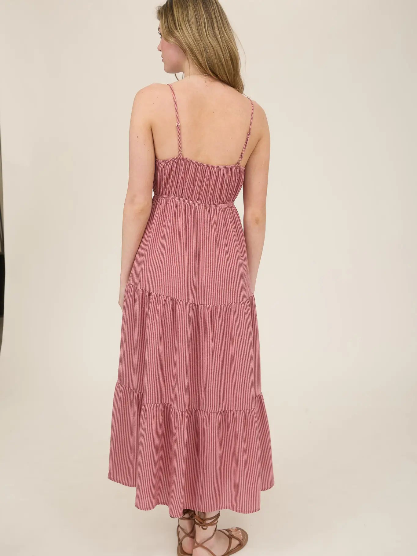 Mauve Stripe Cutout Tiered Midi Dress