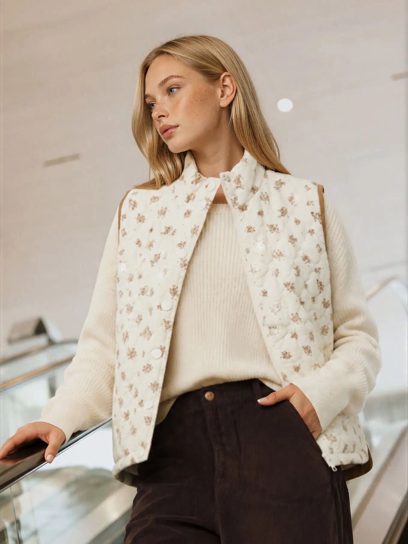 Floral Quilted Zip Up Vest