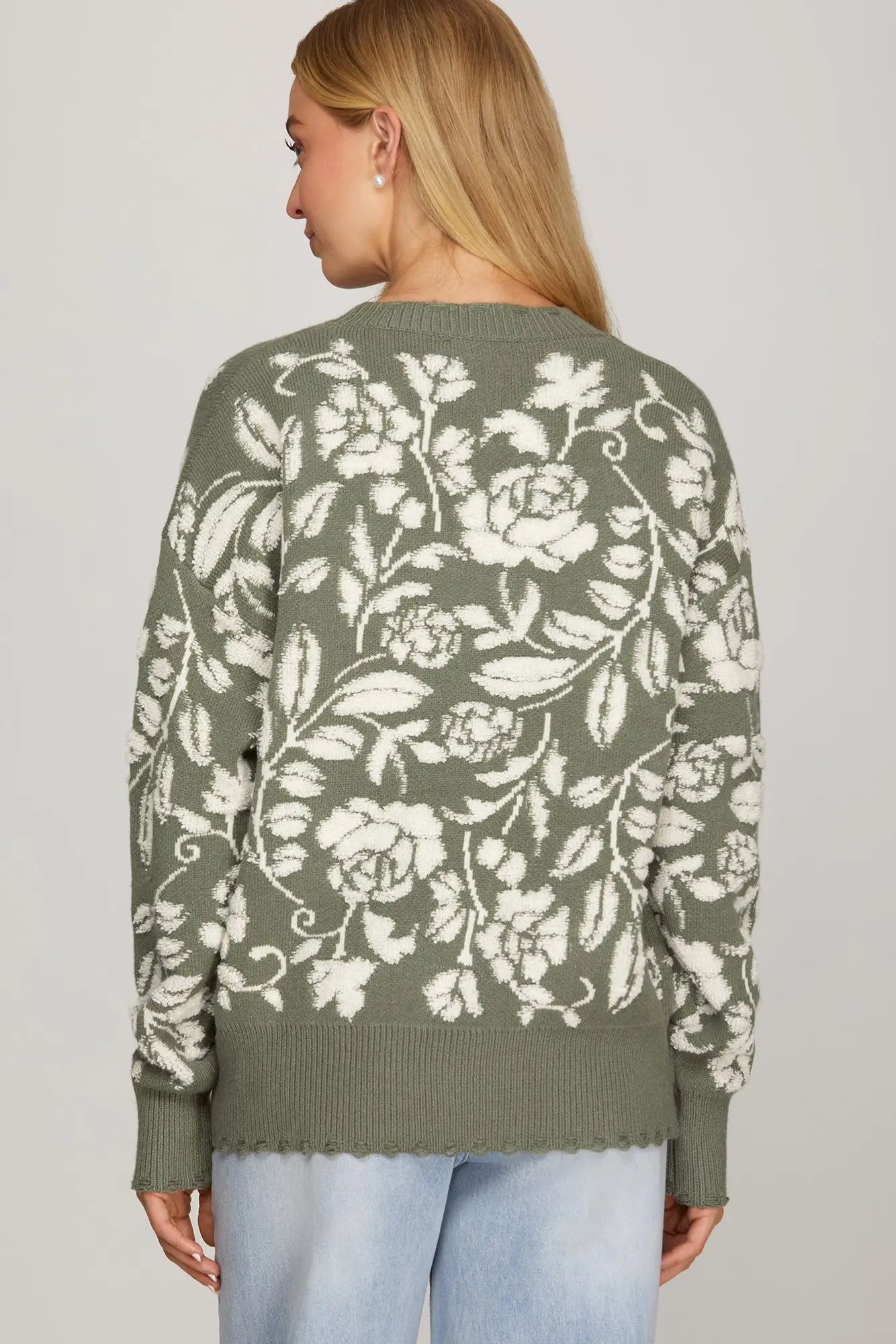 Olive Floral Design Sweater