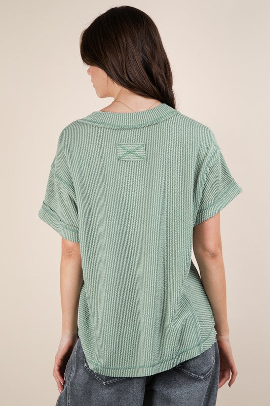 Two Tone Ribbed Top-Sage