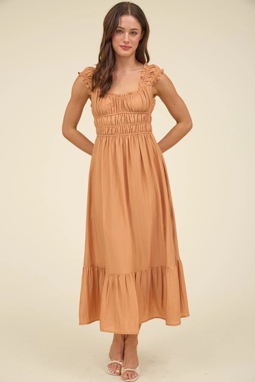 Shirred Waist Short Sleeve Midi Dress