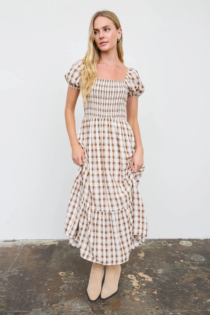 Plaid Smocked Puff Sleeve Midi Dress