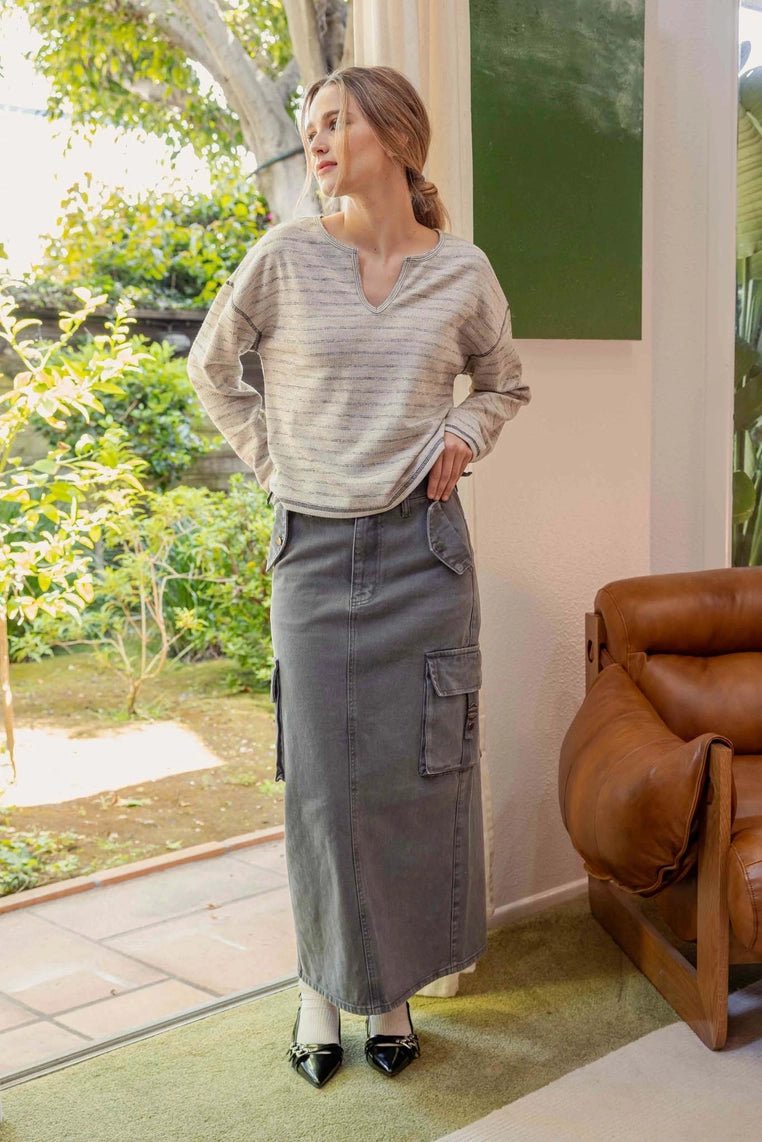 Split Neck Stripe Long Sleeve Top-Mocha