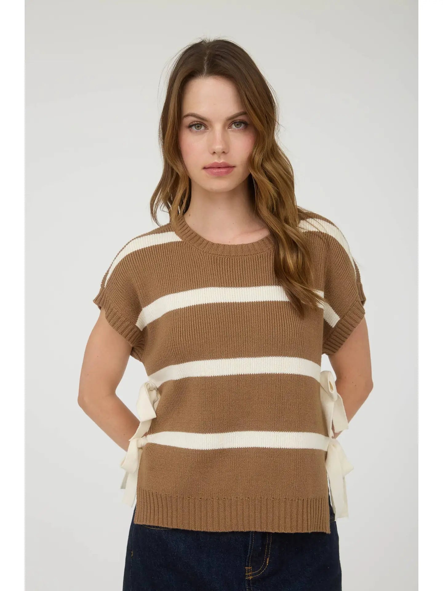 Side Tie Short Sleeve Stripe Sweater