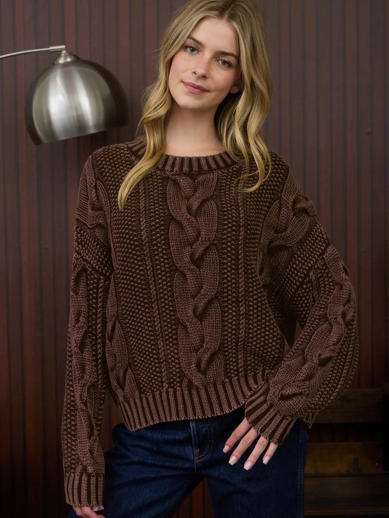Washed Cable Knit Pullover Sweater