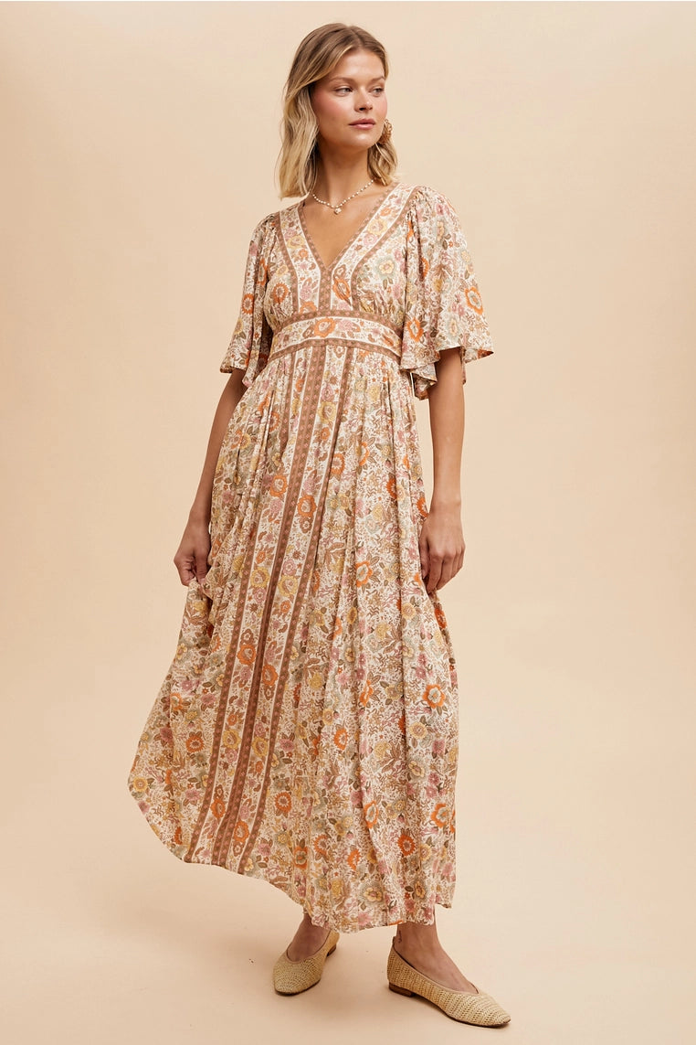 Boarder Print Flutter Sleeve Maxi-Cream
