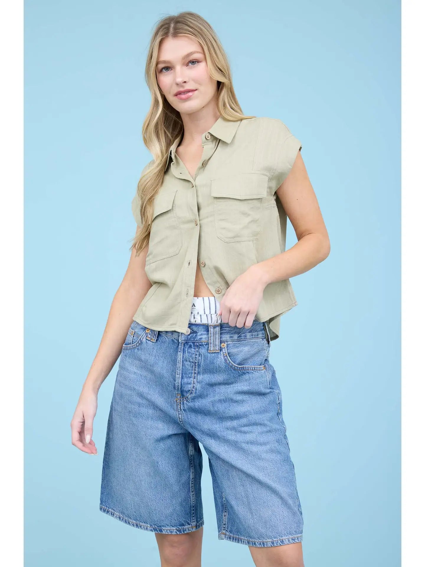 Collared Short Sleeve Button Top