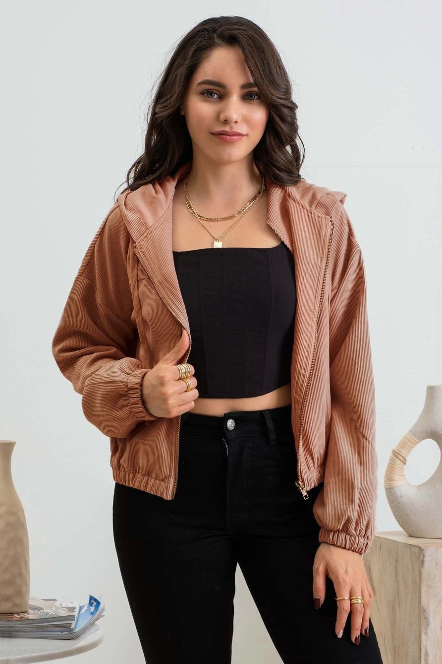Corduroy Zip Up Jacket-Sienna