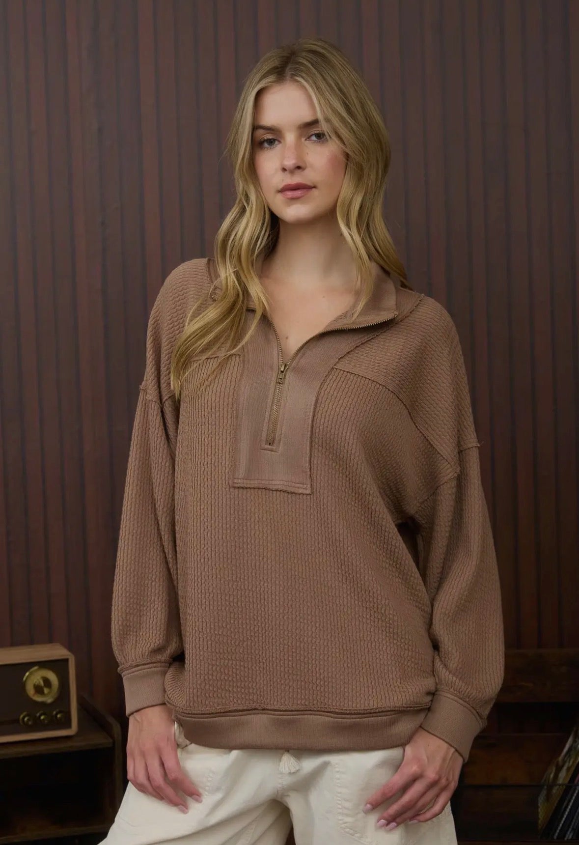 Half Zip Waffle Knit Top