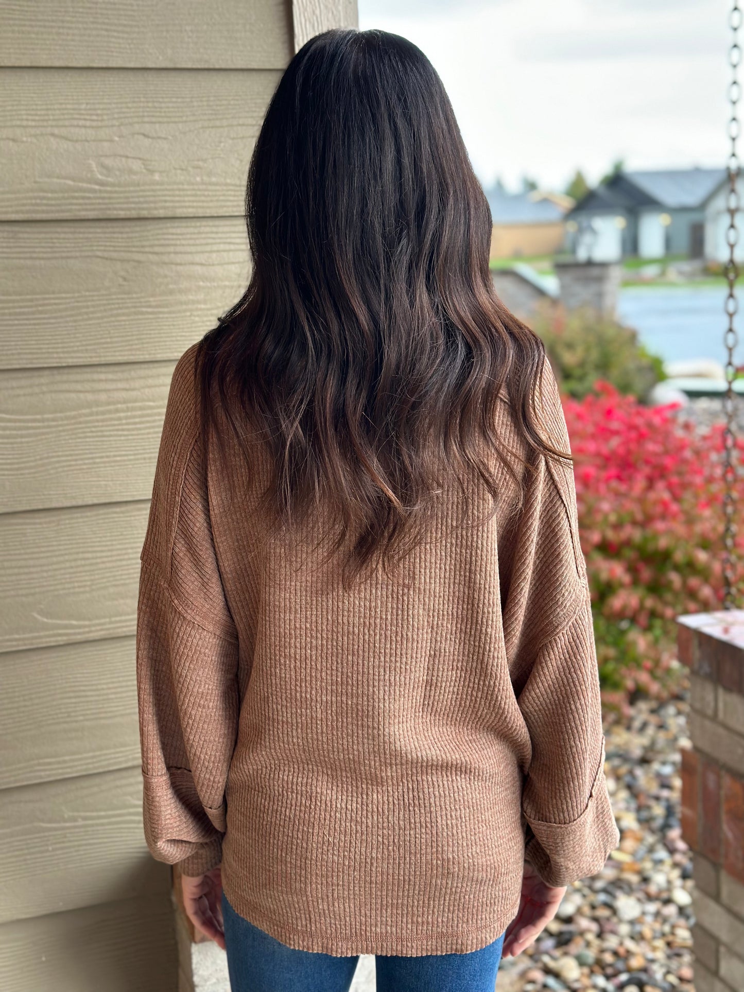 Rib Knit Henley Top-Mocha