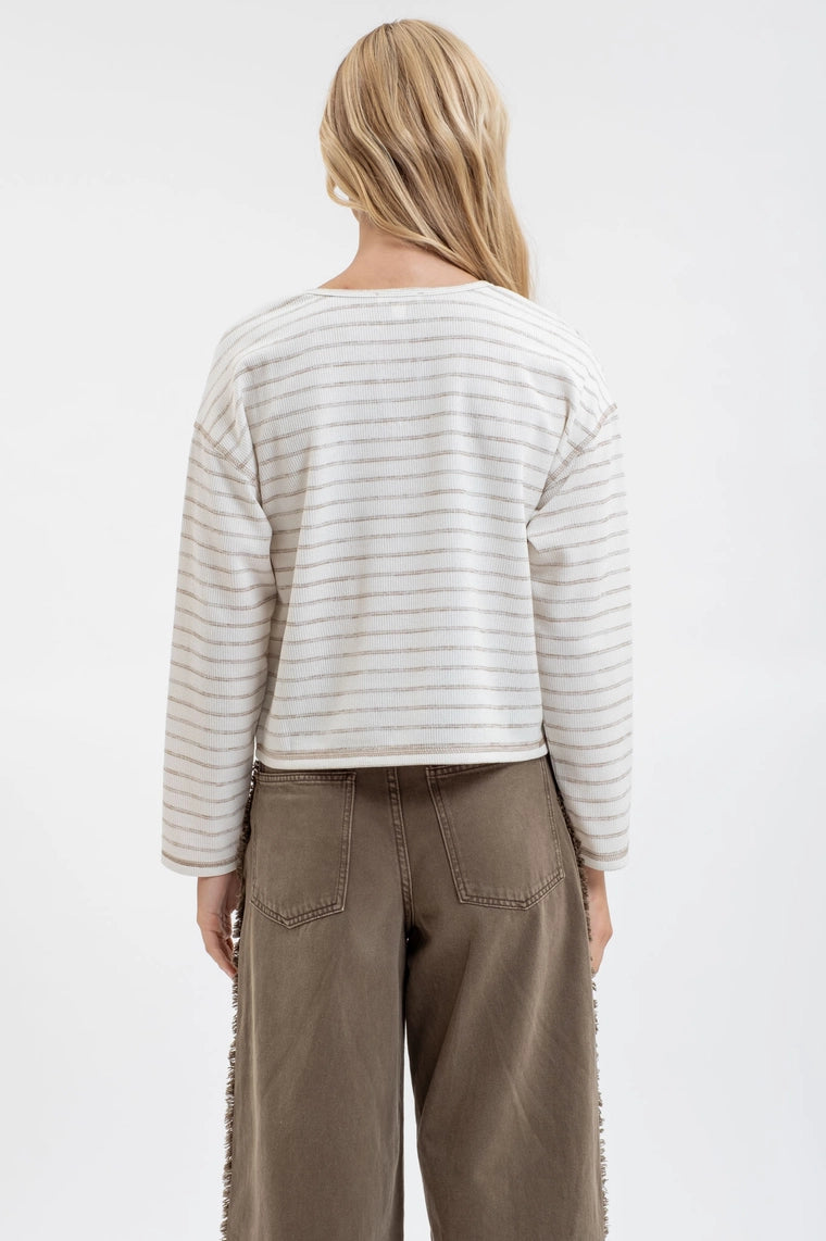 Split Neck Stripe Long Sleeve-Ivory